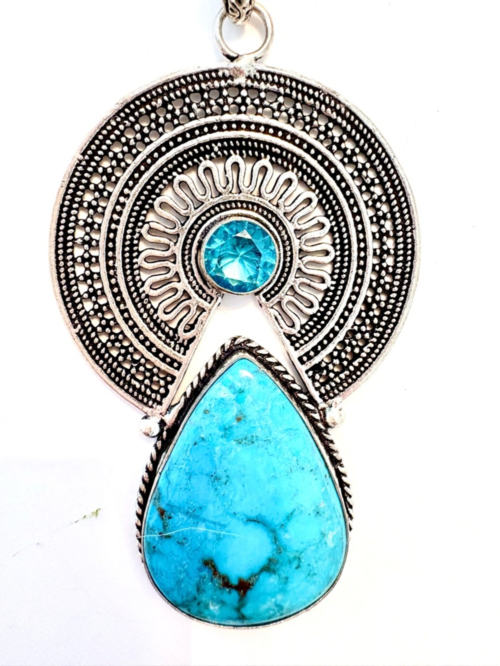 3 inch , 925  marked, Turquoise and Blue Topaz  pop pendant.